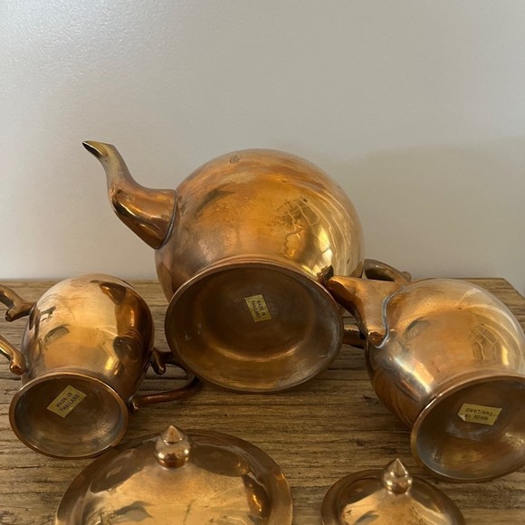 Vintage 3 Piece Taiwan Brass with Wooden Handle Hollywood Regency Tea Set - Picture 12 of 12